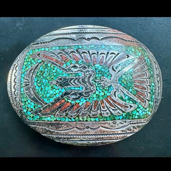 VINTAGE 70s GIBSON GENE NAVAJO BIRD TURQUOISE CORAL STERLING SILVER BELT BUCKLE